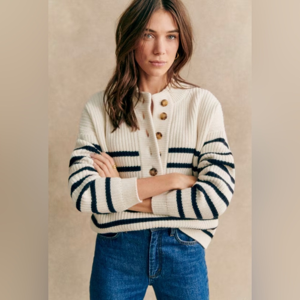 Sezane Lucas Sweater Sweater | Ecru and Navy Stripe | Size small